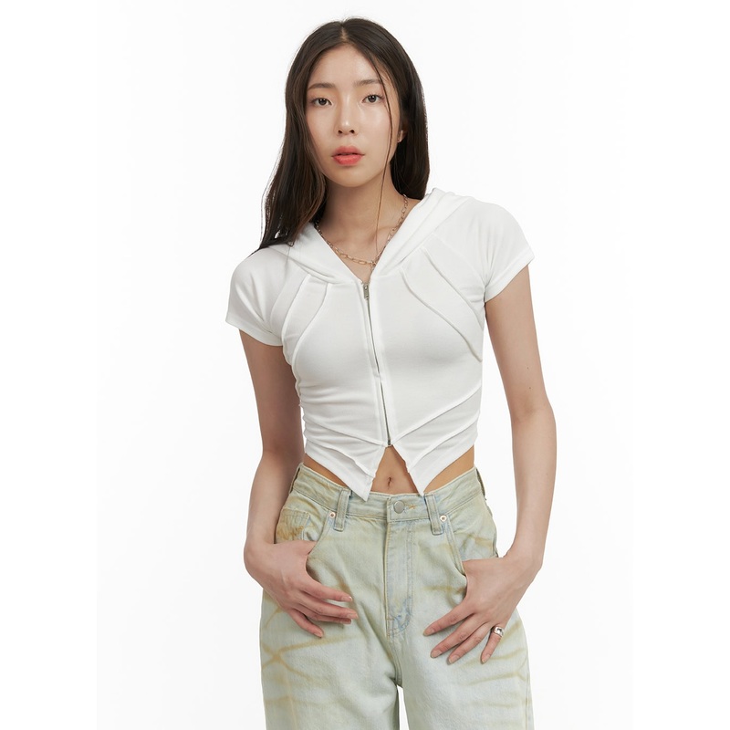 Stitched Detail Hoodie Top CY417 Light beige S/M