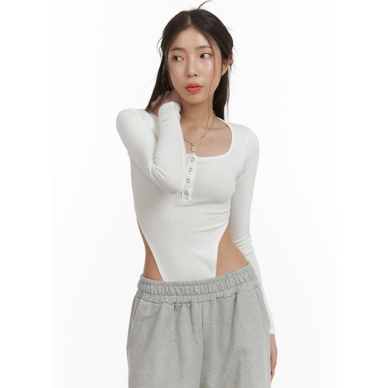 U-Neck Buttoned Long Sleeve Bodysuit CY416 Light beige S/M