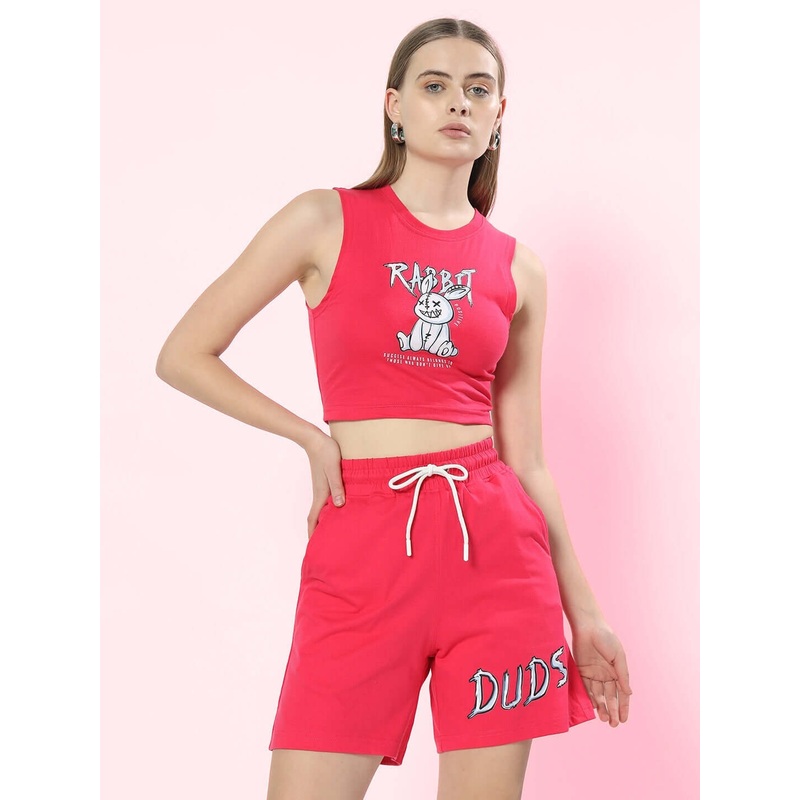 WOMEN POSITIVE RABBIT CO-ORD SET WITH PRINT PINK XS