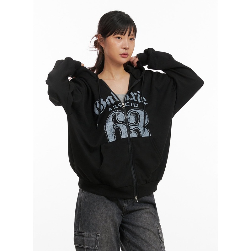 Acubi Graphic Oversized Zip-Up Hoodie IY410 Black M/L