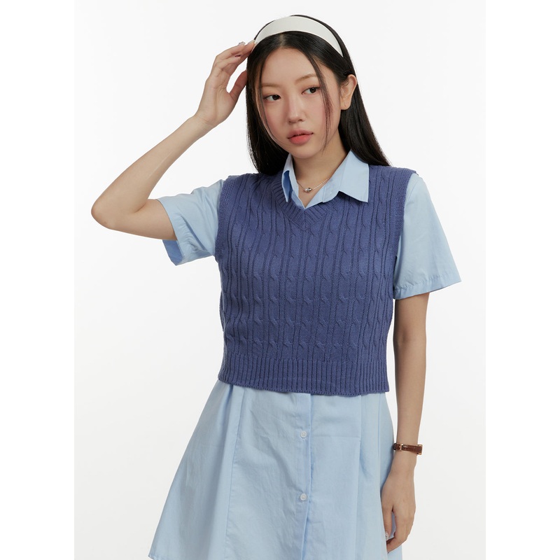 Cable Knit V-Neck Vest OY413 Blue S/M