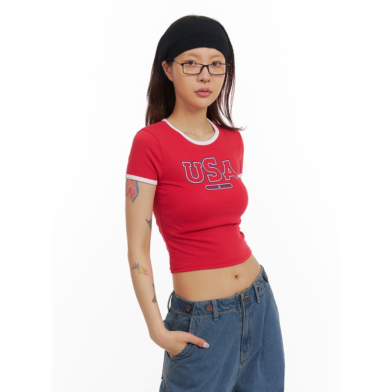 Contrast Graphic Crop Top IY410 Red S/M