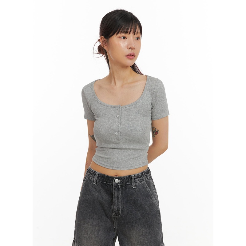 Slim Fit Buttoned U-Neck Crop Top IY410 Gray S/M