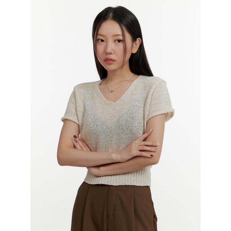 V-Neck Short Sleeve Knit Crop Top OY413 Beige S/M