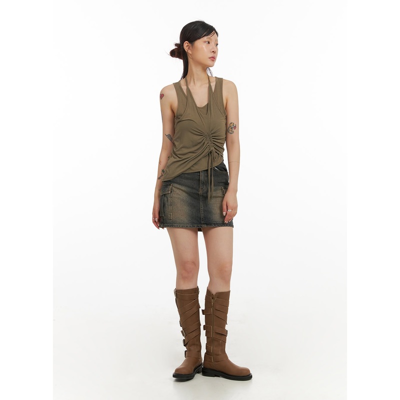 Washed Denim Cargo Mini Skirt IY410 Dark blue S