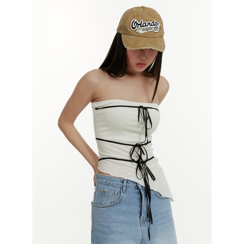 Asymmetrical Tube Top with Ribbon CY408 Light beige S/M