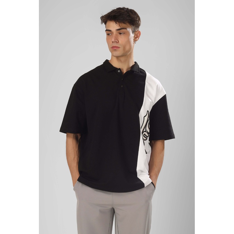 CHEUGY OVERSIZED POLO T-SHIRT BLACK WHITE S