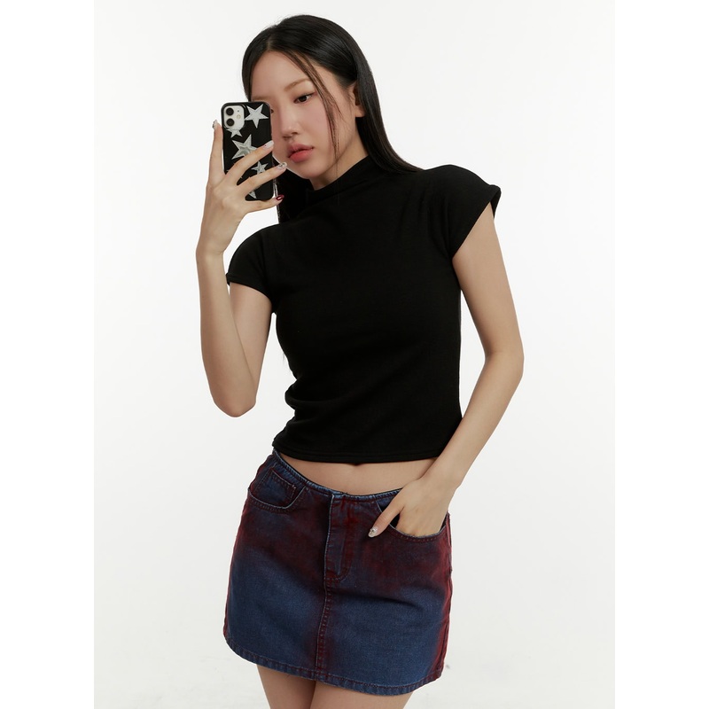 Mock Neck Short Sleeve Crop Tee CY408 Black S/M