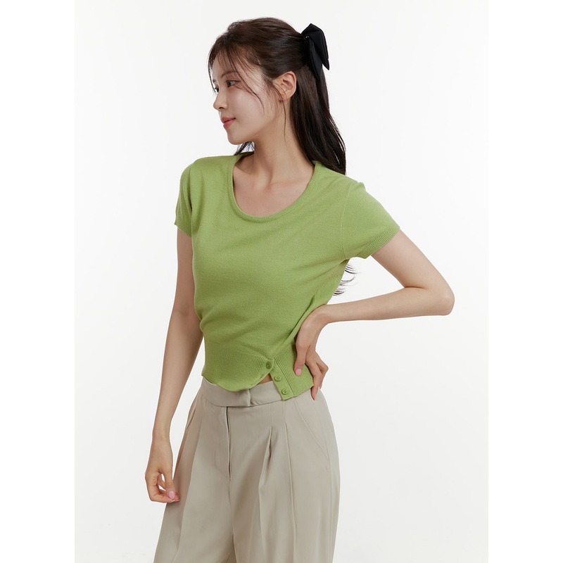 Unbalanced Buttoned Crop Knit Tee OY409 Green S/M