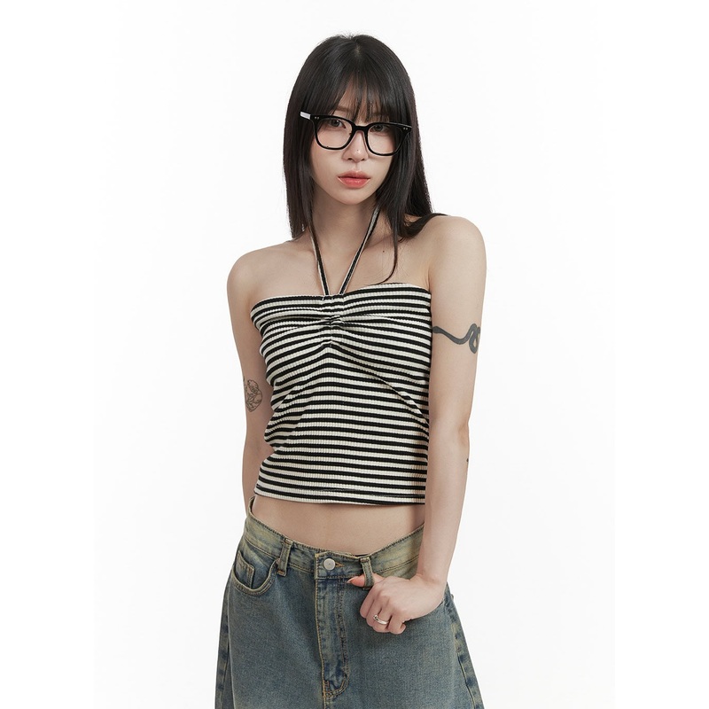 Striped Halter Top CY407 Black S/M