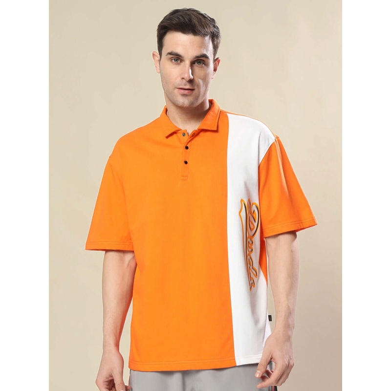 CHEUGY OVERSIZED POLO T-SHIRT ORANGE WHITE XS