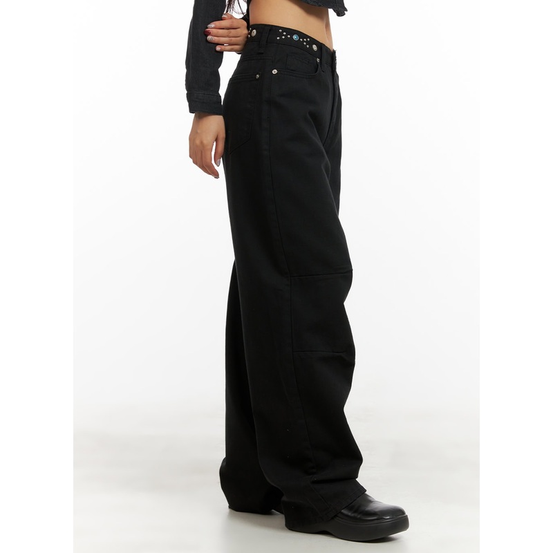 Stud Waist Wide Leg Pants CY403 Black S