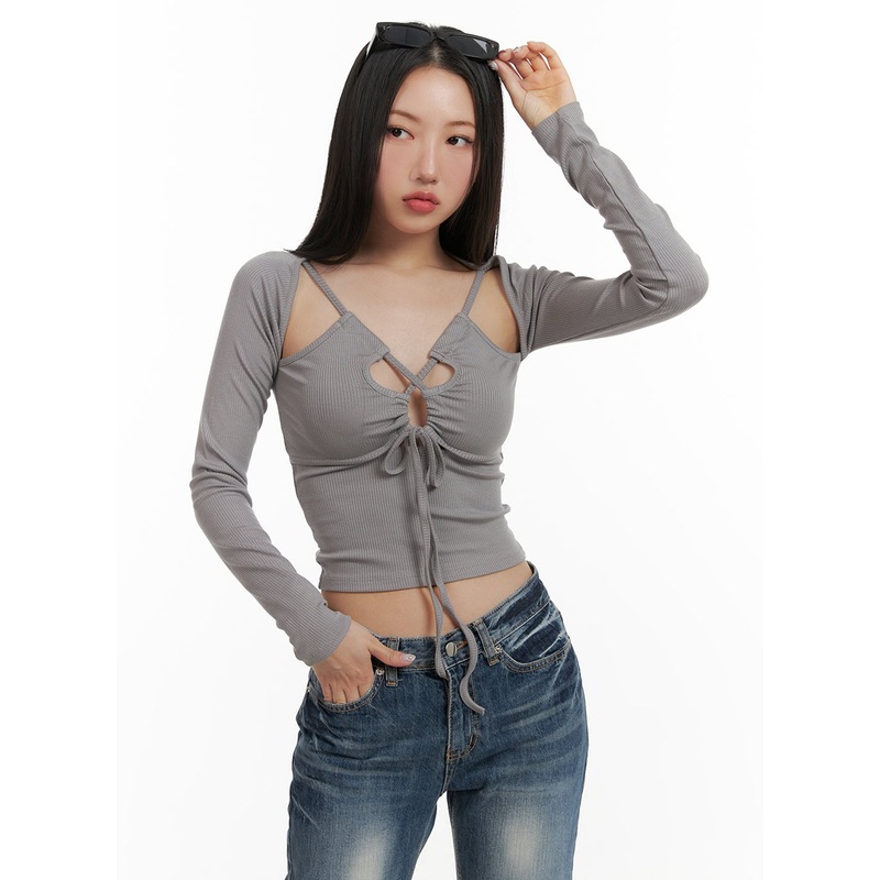 X Strap Cut Out Crop Top CY403 Gray S/M