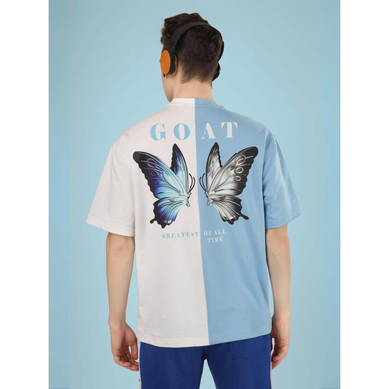 OVERSIZED BUTTERFLY PRINT T-SHIRT SKY BLUE WHITE XS