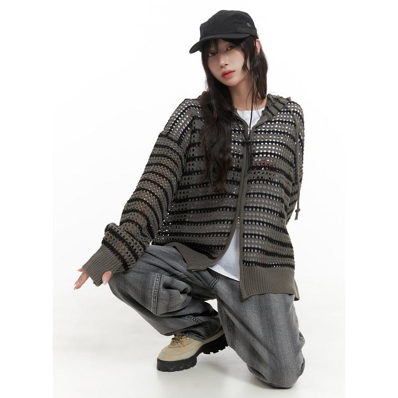 Grunge See-Through Zip-Up Hoodie CA430 Dark gray M/L