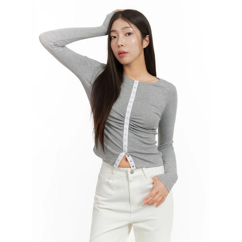 Solid Button Long Sleeve Top OA429 Gray S/M