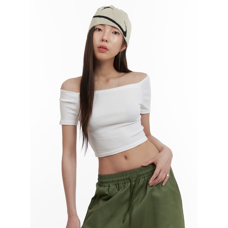 Solid Off Shoulder Crop Top OA429 White S/M