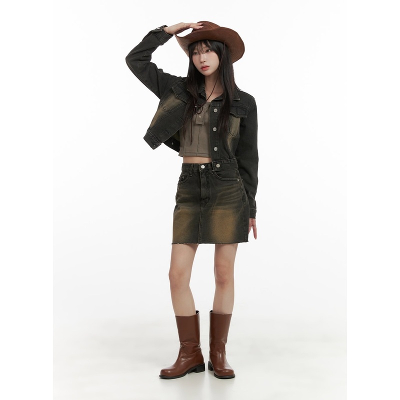 Vintage Washed Denim Mini Skirt CA430 Dark gray S