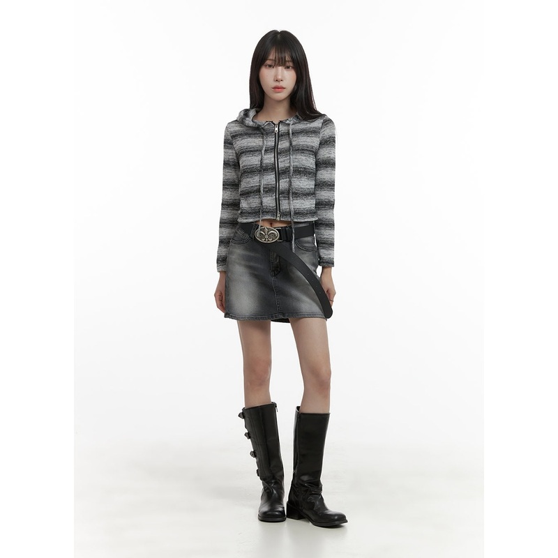 Cotton Washed Denim Mini Skirt CA426 Dark gray S