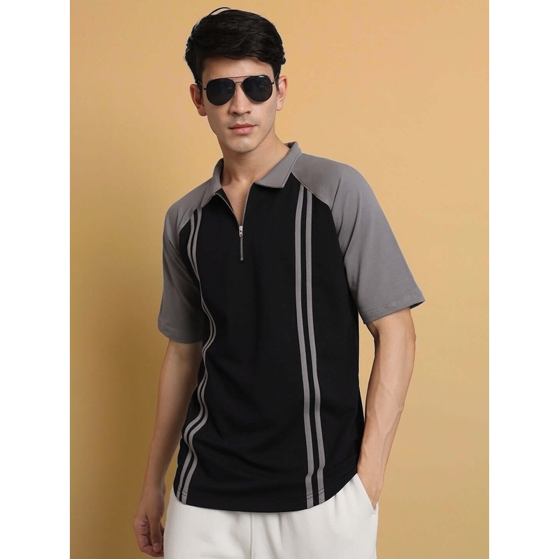 GREY STRIPE REGLAN T-SHIRT BLACK XS