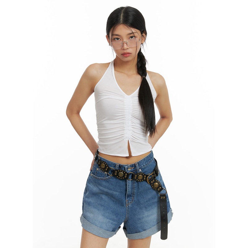 Halter Shirred Crop Sleeveless Top CA423 Light beige S/M