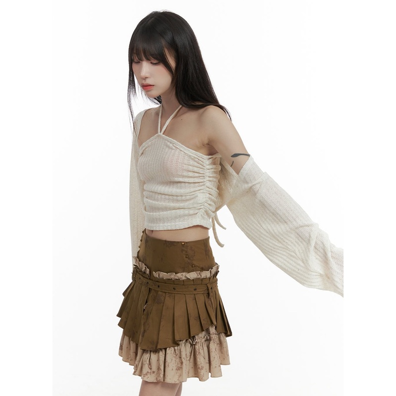 Shirred Halter and Bolero Cardigan Set CA426 Light beige S/M