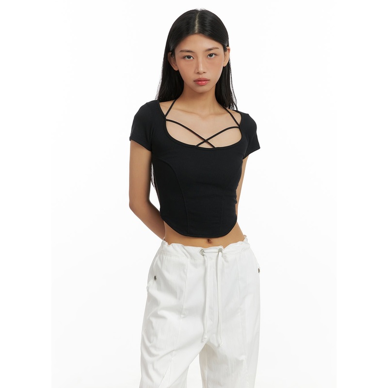 X Strap Solid Crop Tee CA424 Black S/M