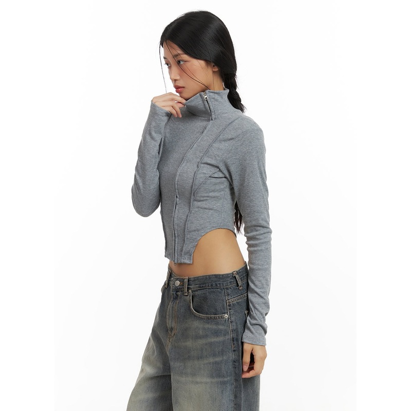 Zip-Up Long Sleeve Crop Top CA424 Gray S/M
