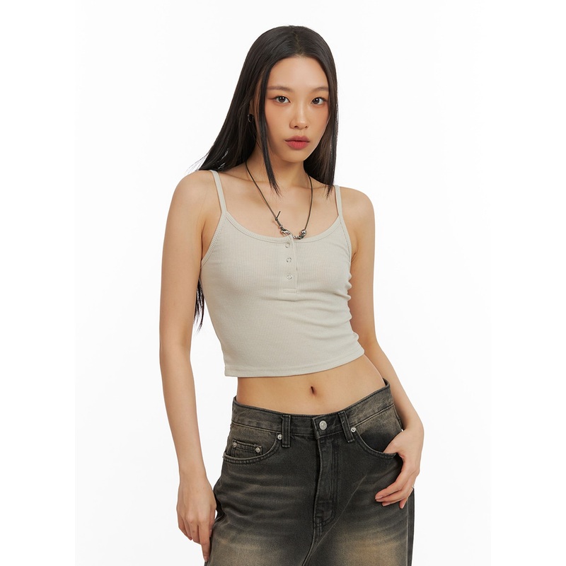 Buttoned Slim Crop Cami Top IA417 Beige S/M