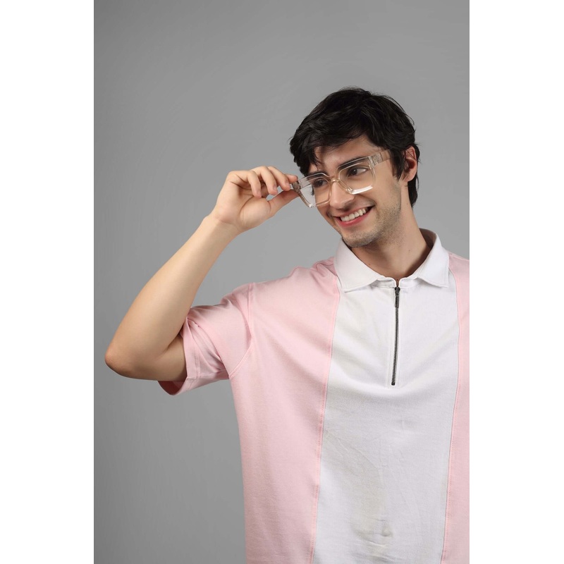 CONTRAST POLO OVERSIZED ZIPPER T-SHIRT BLUSH PINK WHITE XS