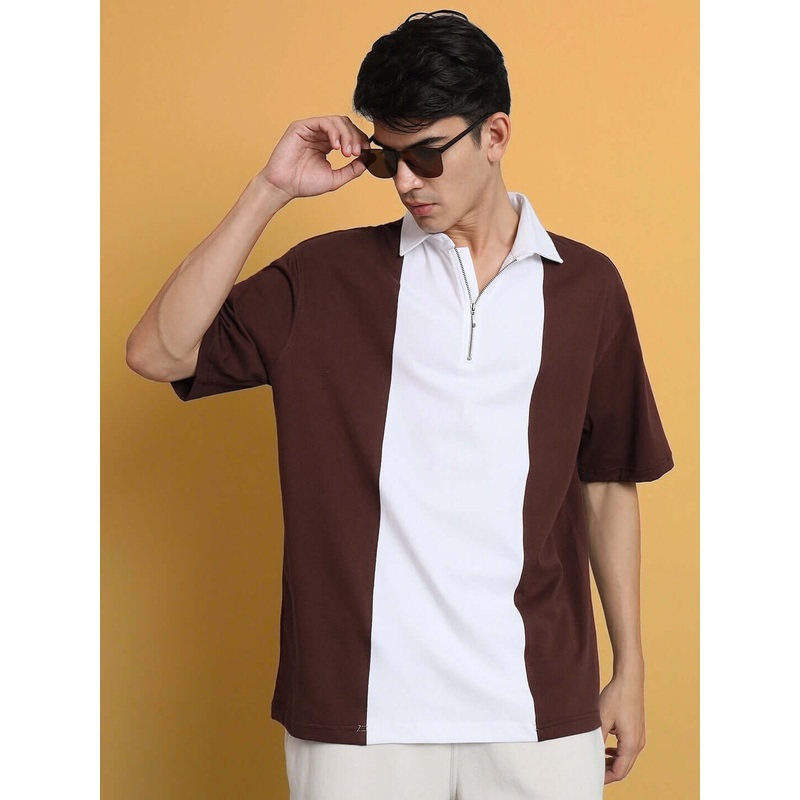 CONTRAST POLO OVERSIZED ZIPPER T-SHIRT BROWN WHITE XS