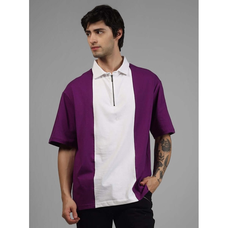 CONTRAST POLO OVERSIZED ZIPPER T-SHIRT PURPLE WHITE XS