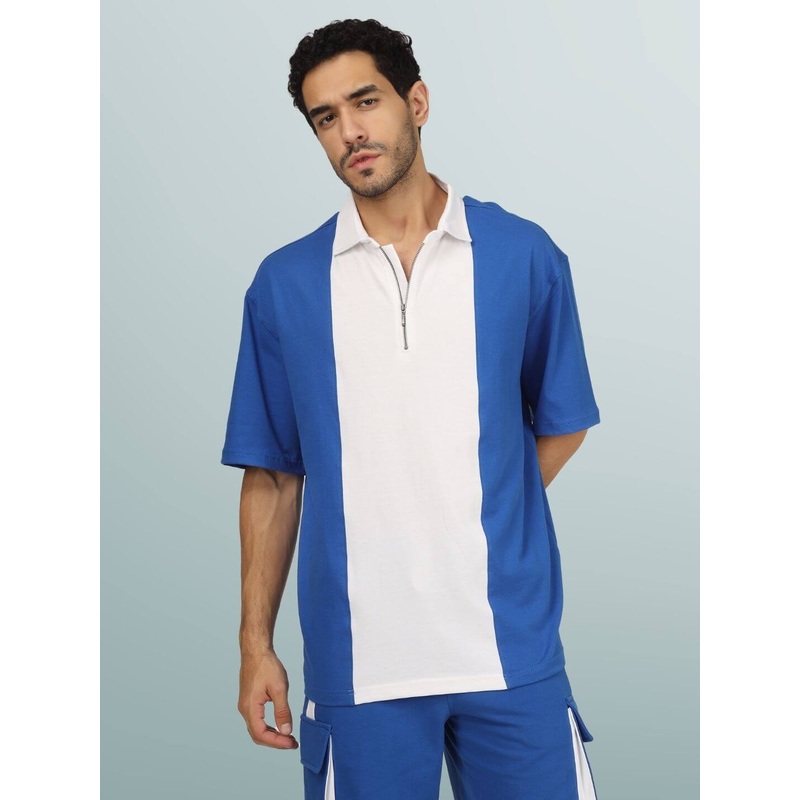 CONTRAST POLO OVERSIZED ZIPPER T-SHIRT ROYAL BLUE WHITE XS