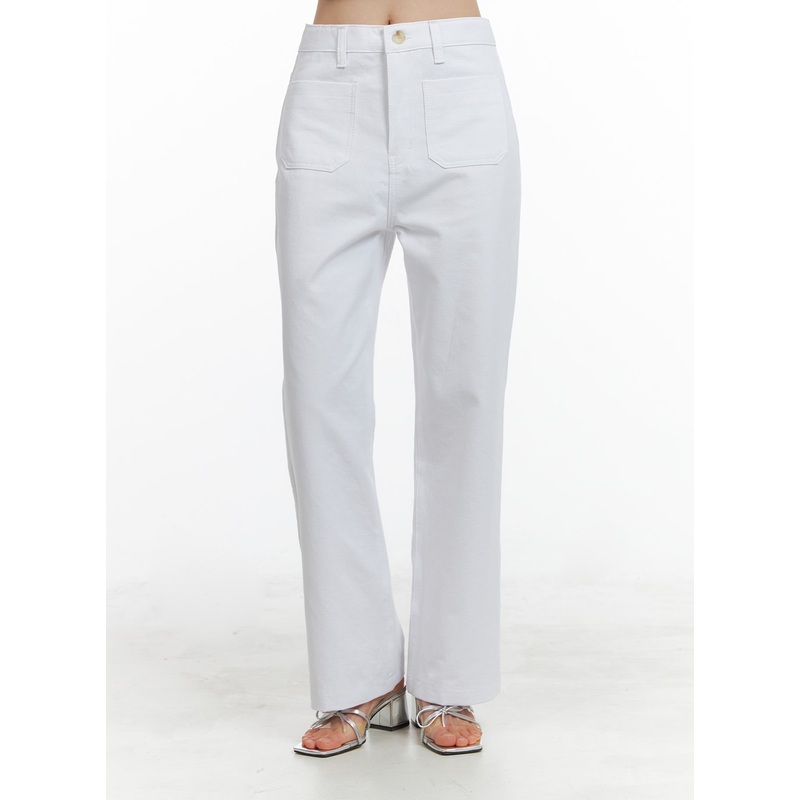 Front Pockets Straight Fit Pants OA419 White S