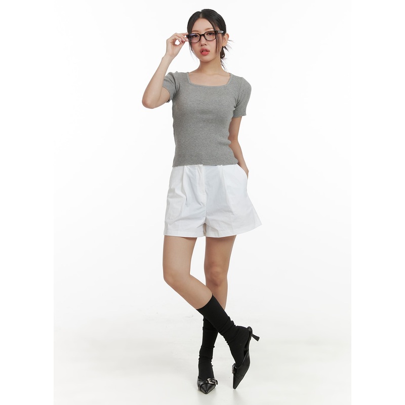 Pintuck Solid Cotton Shorts OA419 White S