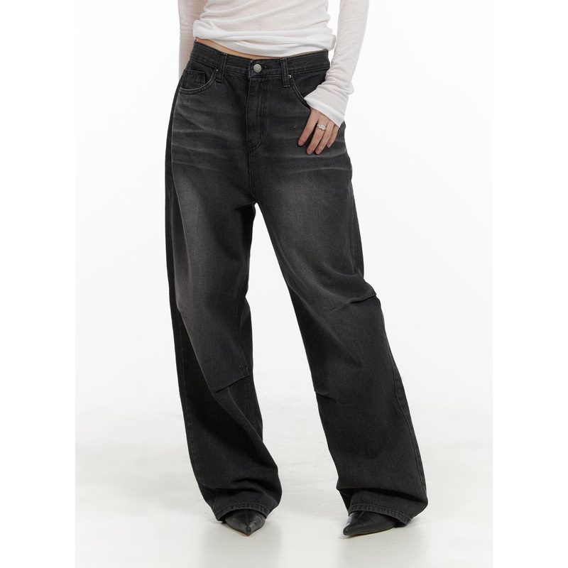 Pintuck Washed Denim Wide Leg Jeans CA419 Black S