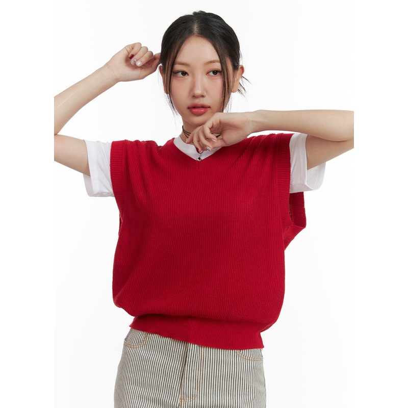 V-Neck Knit Sweater Vest OA419 Red S/M