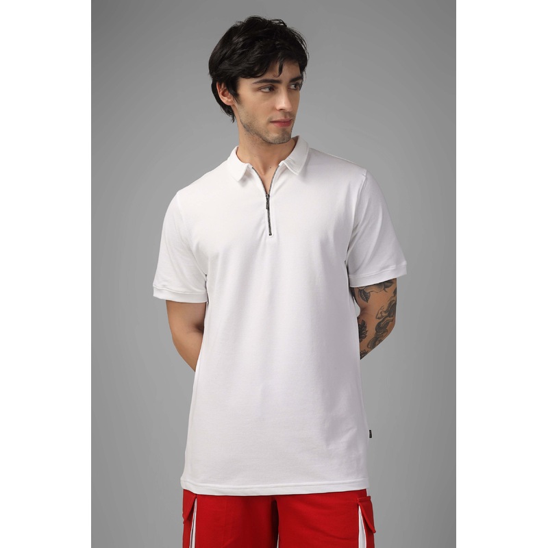 ZIPPER POLO NECK COTTON T-SHIRT WHITE XS