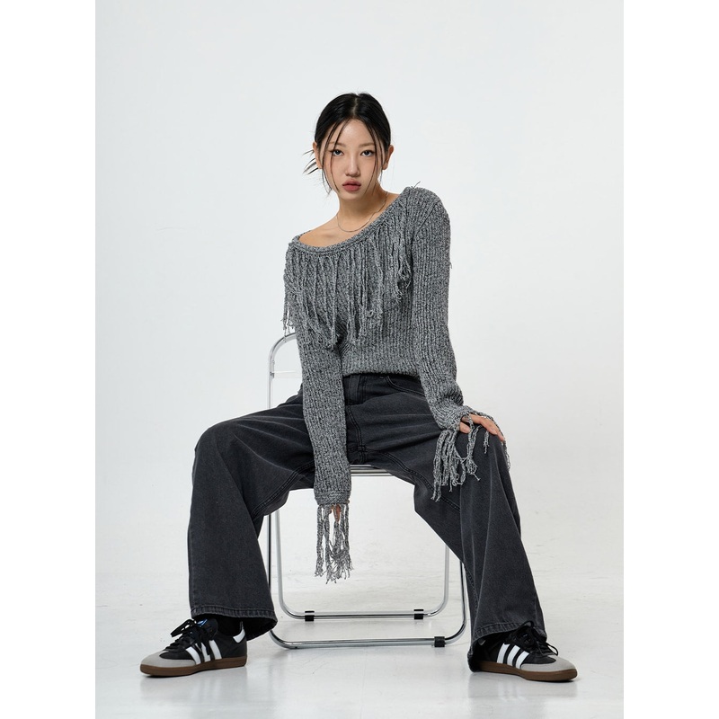 Collin Fringe Long Sleeve Knit CS28 Light Beige S