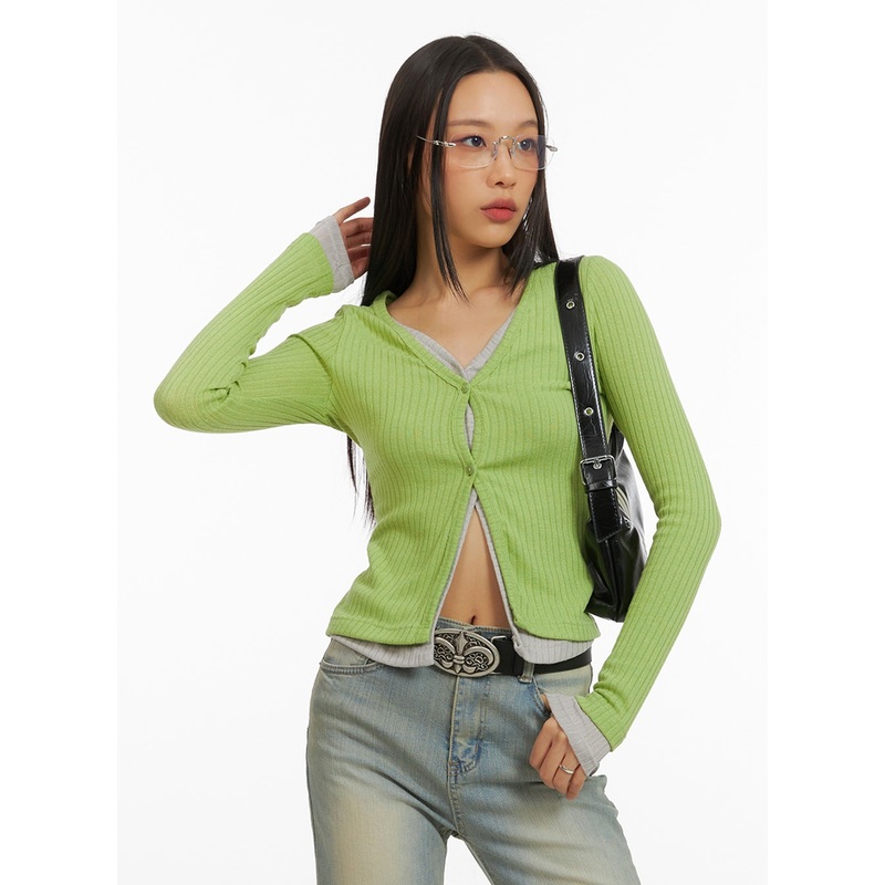 Layered Buttoned Ribbed Cardigan IA417 Light green S/M