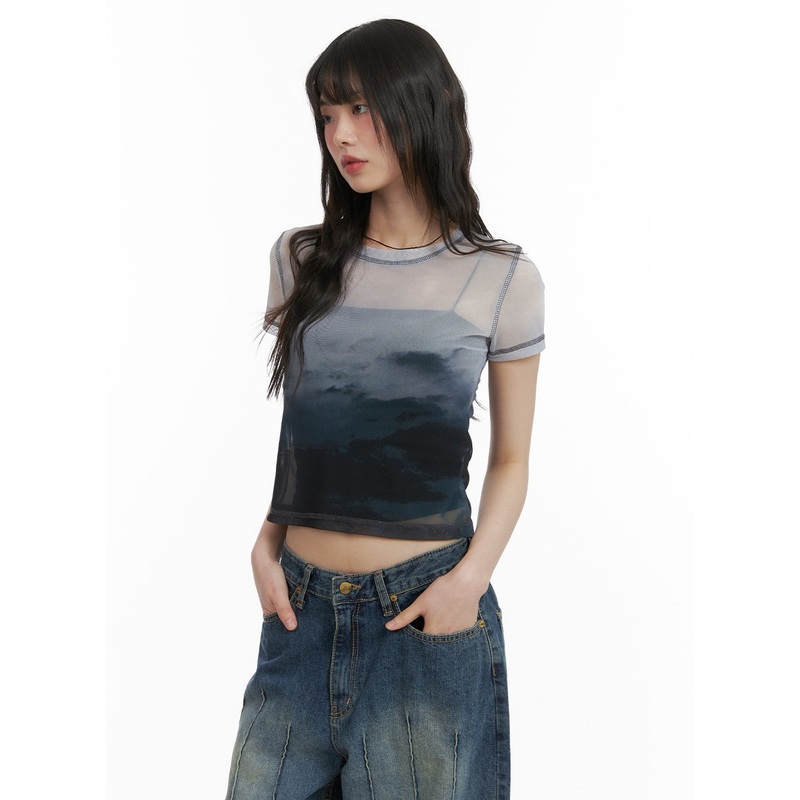 Mesh Graphic Cropped Tee CA412 Black S/M