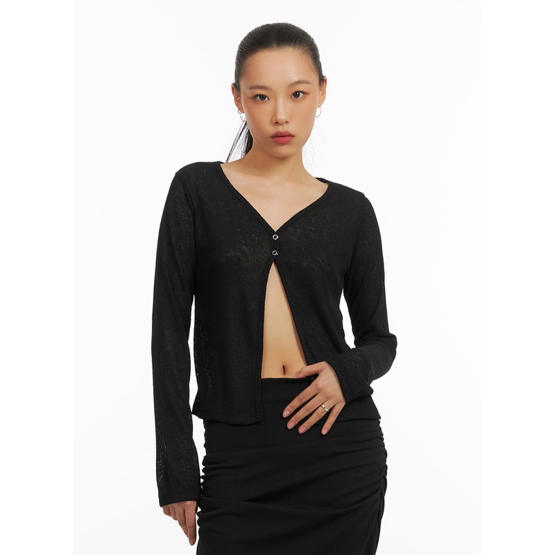 Sheer Open Slit V-Neck Cardigan IA417 Black S/M