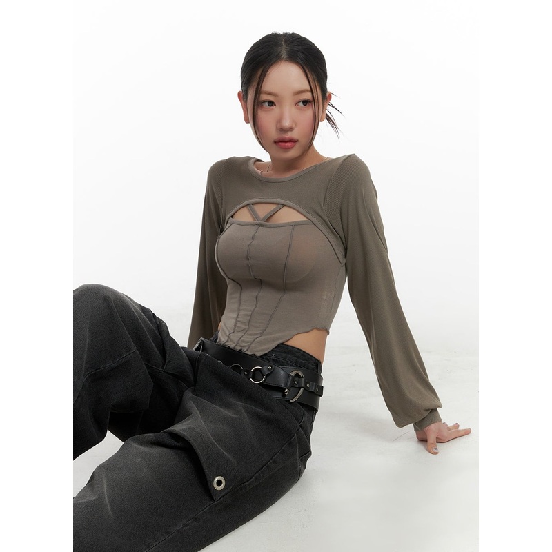 Solid Cut Out Crop Top CA416 Dark beige S/M