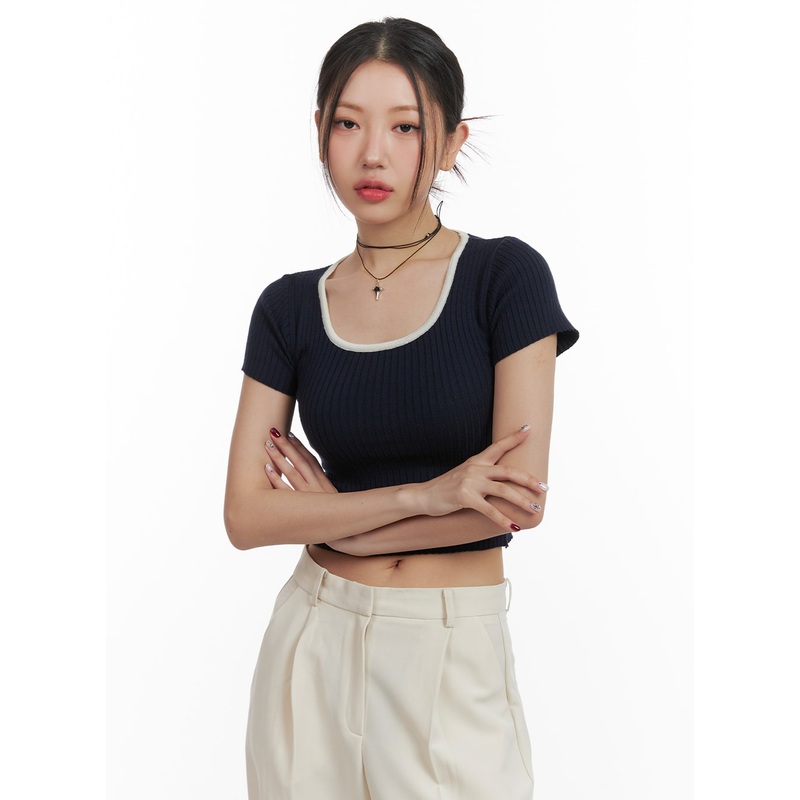 Solid U Neck Crop Top OA416 Dark blue S/M