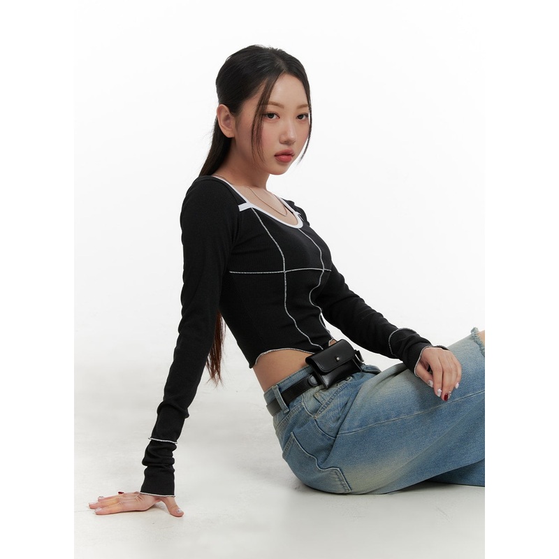 U Neck Stitched Detail Cropped Long Sleeve CA416 Black S/M