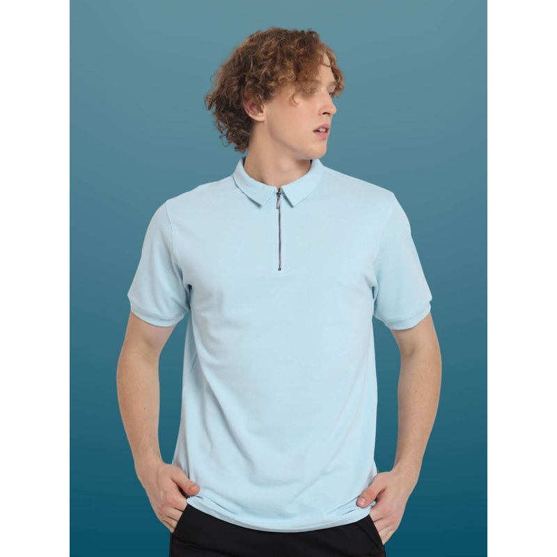ZIPPER POLO NECK T-SHIRT POWDER BLUE XS