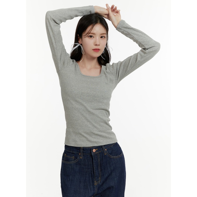 Basic Cotton U Neck Long Sleeve Tee OA405 Gray S/M