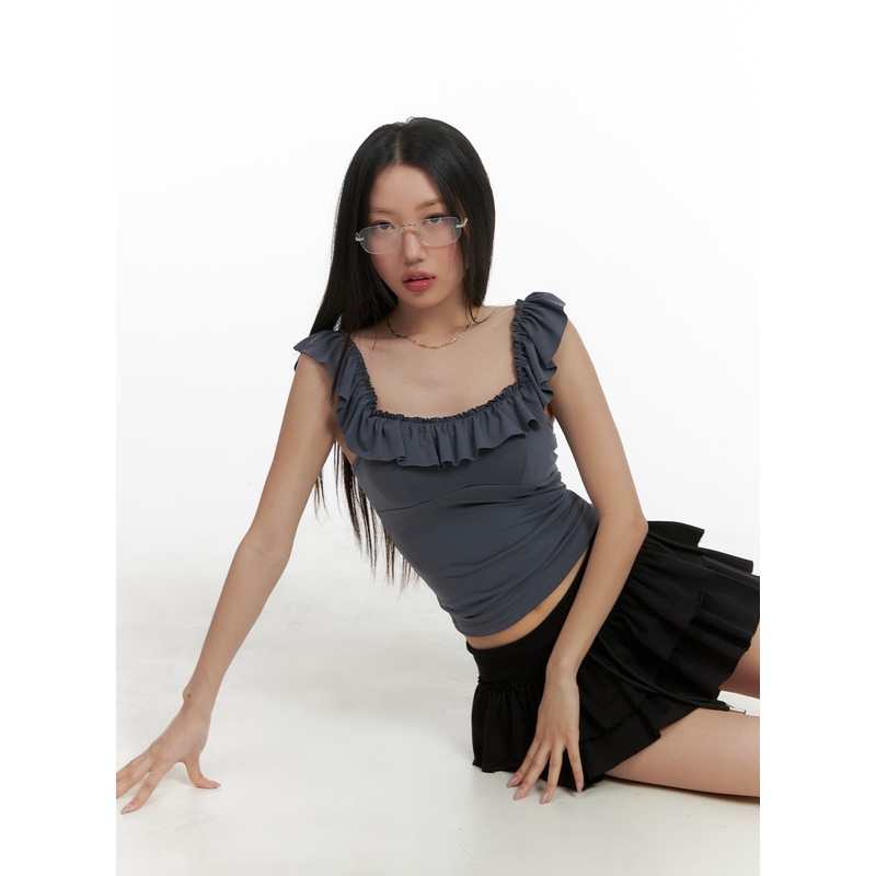 Frill Square Neck Sleeveless Top CA409 Dark blue S/M