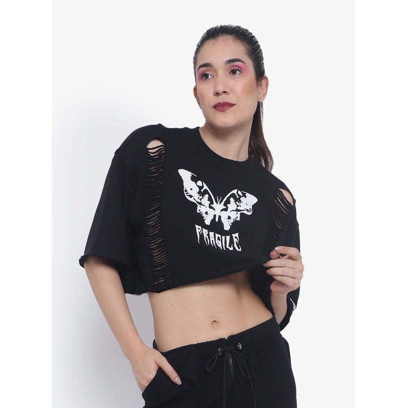 WOMEN’S FRAGILE OVERSIZED CROPPED T-SHIRTS BLACK XS