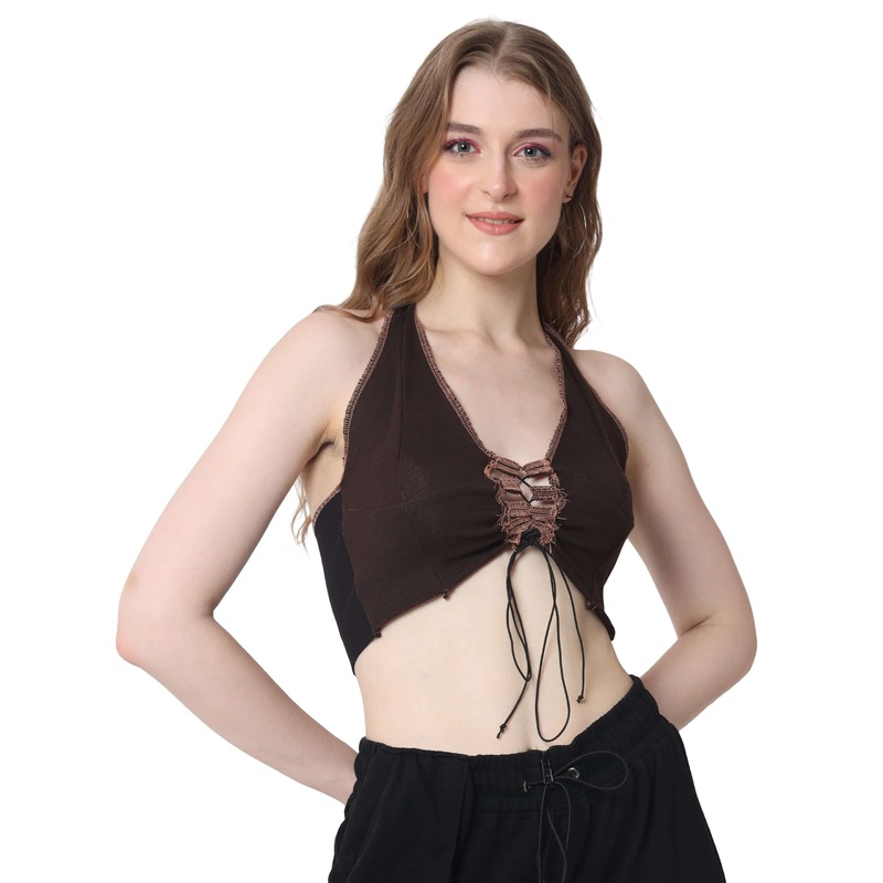 WOMEN’S RIBBED COTTON CROP-TOP BROWN XS